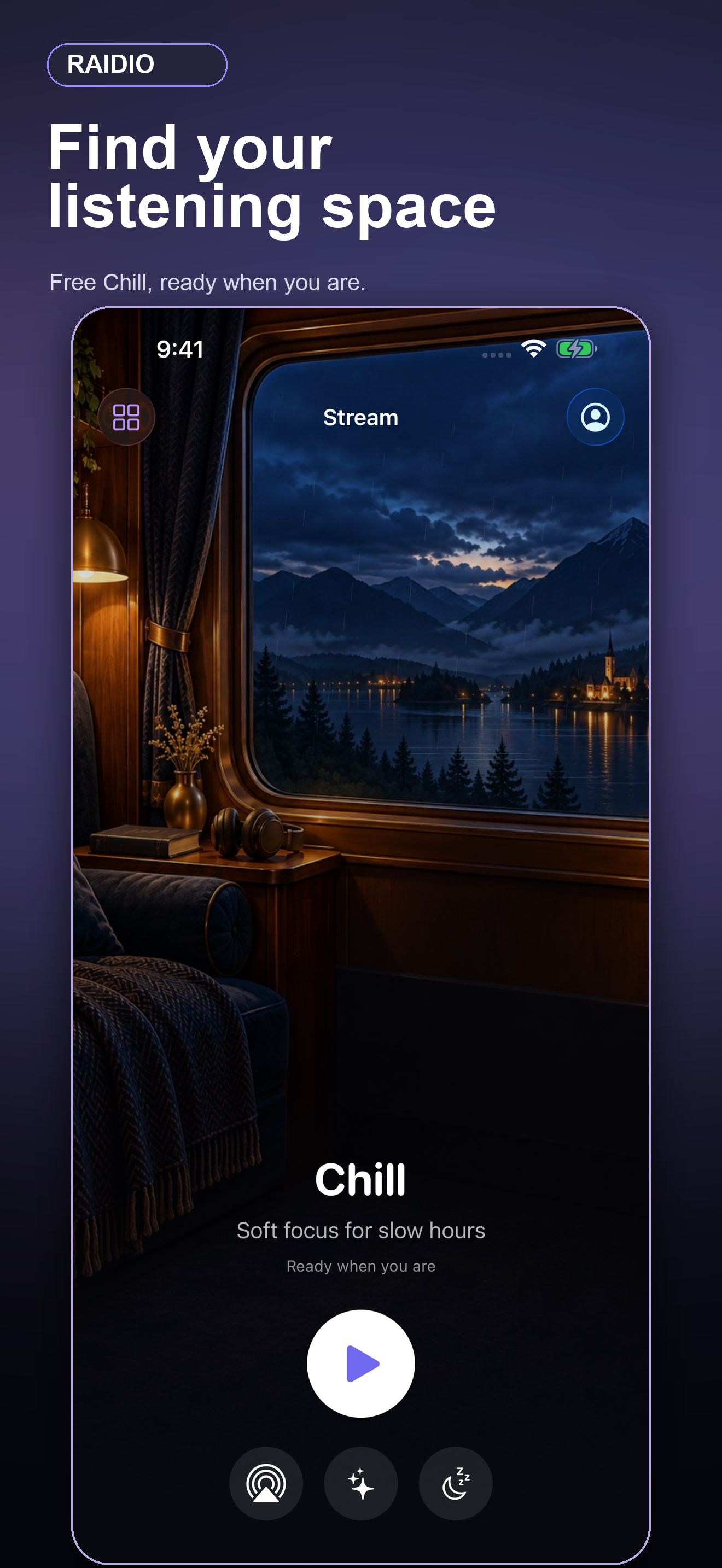 Raidio's Chill player with a lakeside night scene