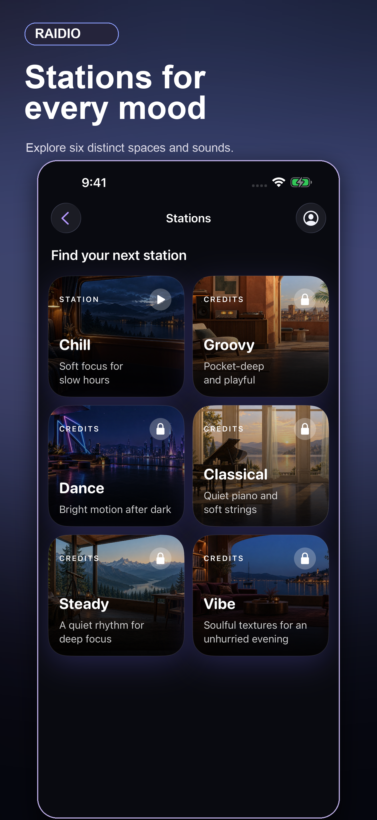 Raidio's station browser showing six music moods